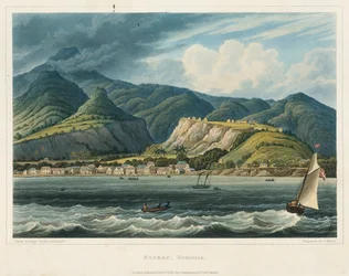 A cidade de Roseau, Dominique (Caraibes). Litografia (32,2x46,6 cm) do tenente John Herbert Caddy (1801-1883)