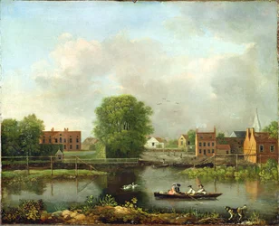 Uma paisagem do rio, possivelmente uma vista do West End da ponte de Rochester, 1800-10