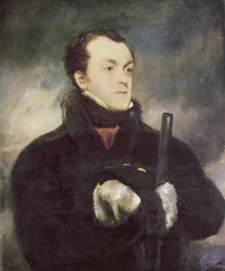 Retrato do capitão Lyon, meio comprimento, com um casaco de peles, segurando uma arma
