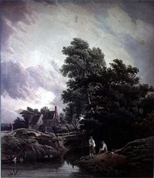 Paisagem, com, watermill, e, figuras