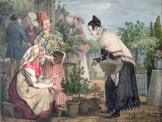 O mercado de flores, Paris, gravado por Charles Joseph Hullmandel (1789-1850), publicado em 1821
