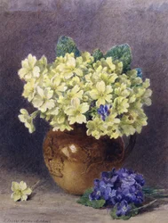 Prímulas e violetas. Pintura de John Jessop Hardwick (1831-1917) Coleção particular.