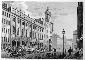 Vista da Câmara Municipal, Exchange, Glasgow, gravado por Joseph Swan, 1828