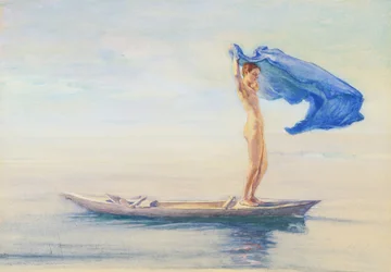 Garota em arco de canoa espalhando seu pano de linho para uma vela, Samoa, c. 1895-96 (wc e guache a bordo)