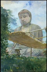 A grande estátua do Buda Amida em Kamakura, conhecida como Daibutsu, vista do Jardim do Sacerdote