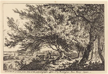 Paisagem com veados sob árvores