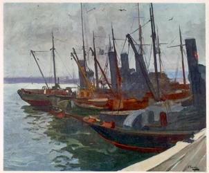 Minesweepers no porto, de artistas britânicos na frente, continuação da frente ocidental, 1918