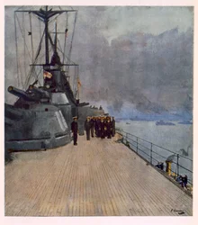 O Quarter Deck do HMS Queen Elizabeth, de artistas britânicos na frente, continuação da frente ocidental, 1918