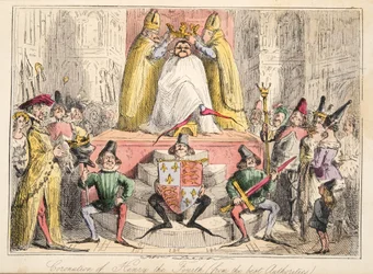 Coroação de Henrique IV (segundo as melhores fontes), de «A história cómica de Inglaterra», publicado em 1864