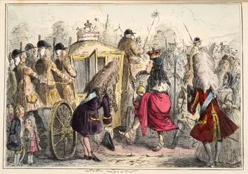 Georgey Porgey o Firstgoing para fora para um passeio em seu estado Coachy Pachy, da história cómica de Inglaterra, bar. 1864 (gravura colorida à mão)