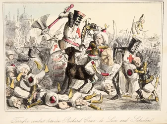 Combate fantástico entre Richard Coeur de Lion e Saladino da história cómica de Inglaterra, bar. 1864 (gravura colorida à mão)