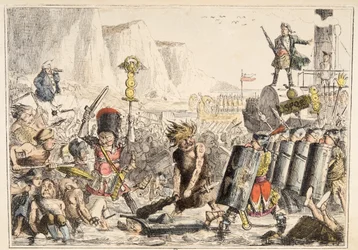 A aterrissagem de Julius Caesar da história cómica de Inglaterra, bar. 1864 (gravura colorida à mão)