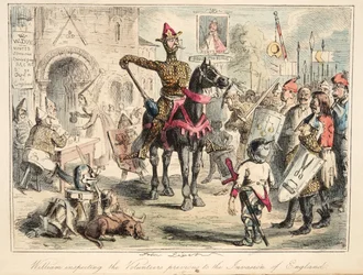 Guilherme, o Conquistador, inspecionando os Voluntários anteriores à Invasão da Inglaterra, da The Comic History of England, pub. 1864 (gravura colorida à mão)