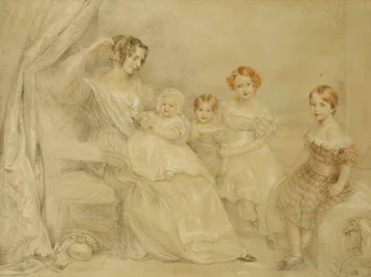 Retrato da Sra. WS Fry e seus quatro filhos: Emma, Willy, Julie e Georgina, sentados no interior, 1840