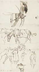 Estudos de cavalos, homens e carruagens, 1811 (caneta e tinta marrom sobre papel)