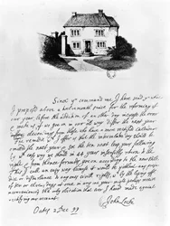 Fac-símile de uma carta que ilustra a casa em que Locke (1632-1704) nasceu em Wrington, Somerset (caneta e tinta sobre papel)