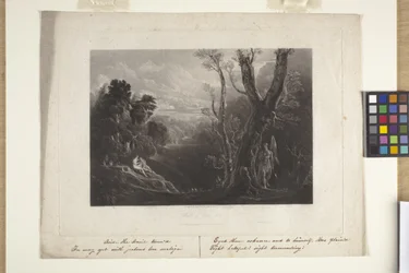 Satanás a contemplar Adão e Eva no Paraíso (mezzotint)
