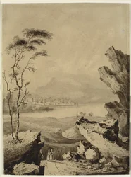Paisagem italiana com lago e com cidade e montanhas ao fundo