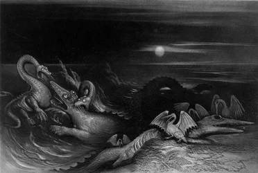 Plesiossauro em combate com Temnodontosaurus (Oligostinus), 1840