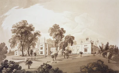 Vista da casa de fazenda com tela para estábulos e edifícios agrícolas para Sezincote House, gravada por Frederick Christian Lewis Snr. (1779-1856), c.1817-18 (sepia aquatint)