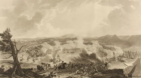 Batalha de Kirkee travada em 5 de novembro de 1816, na qual memoráveis 4785 [sic] tropas britânicas derrotaram o Exército Mahratta (aquatint, de cor)
