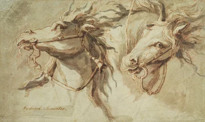 Duas cabeças de cavalo (caneta, tinta e lavagem com giz vermelho sobre papel amarelo)