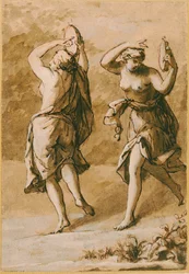 Dois Maenads, A Study (lavagem marrom com reflexos brancos e tinta marrom no papel)