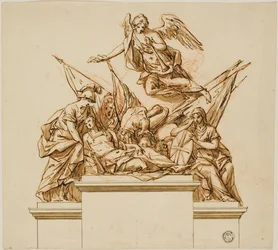 Guerreiro acompanhado por Britânia, Minerva e Fama (anverso); desenho do monumento a Nicholas Rowe (verso)