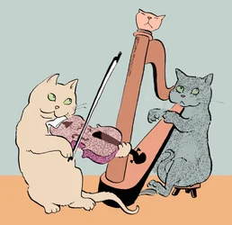 Caricatura de dois gatos a tocar harpa e viola