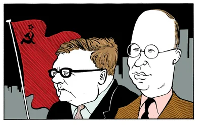 Dmitri Shostakovich e Sergei Prokofiev com a bandeira soviética