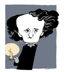 Edgar Allan Poe - caricatura, segurando um pau de vela