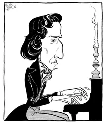 Frederic Chopin - caricatura do compositor e pianista polaco a tocar piano