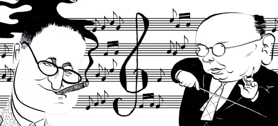 Hanns Eisler e Bertolt Brecht - colagem de caricaturas
