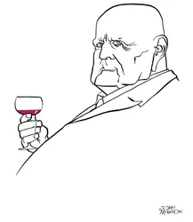 Jean Sibelius como um homem idoso com um copo de vinho