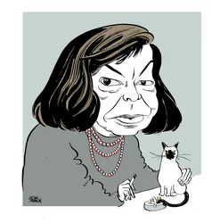 Patricia Highsmith - caricatura com o seu gato, a fumar