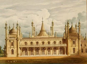 De frente para o Oeste, o Apartamento do Rei com Apartamentos de Casa acima do Views of the Royal Pavilion, Brighton por John Nash