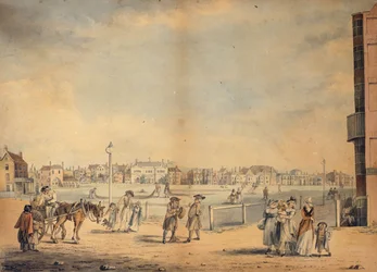 Brighton, mostrando a Biblioteca de Miss Widgett, a Marlborough House, o Castle Inn and Assembly Rooms e o Marine Pavilion, 1792