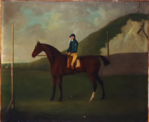 "Creeper", um potro da baía com jóquei no posto de largada na brecha de corrida na vala do diabo, Newmarket