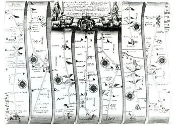 A estrada de Londres para Wells e Bury St. Edmunds, de &39;Britannia&39; de Ogilby, 1675 (gravura)