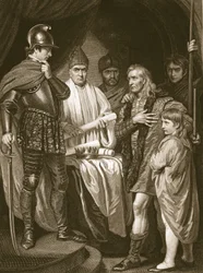 Baliol entrega sua coroa a Edward I, gravada por J. Parker, ilustração de "The History of England", de David Hume, pub. por R. Bowyer, Londres, 1812