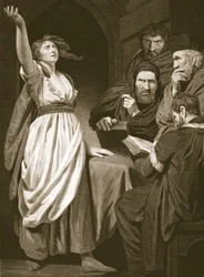 Joan of Arc, declarando sua missão, gravada por T. Holloway, ilustração de "The History of England", de David Hume, pub. por R. Bowyer, Londres, 1812