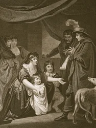 Lady Elizabeth Grey implorando a Edward IV para proteger seus filhos, gravada por W. Bromley, ilustração de "The History of England", de David Hume. por R. Bowyer, Londres, 1812