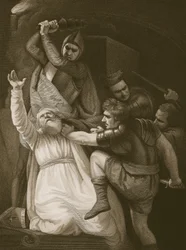A morte de Becket, gravada por J.Stowe, ilustração de David Hume "A História da Inglaterra", pub. por R. Bowyer, Londres, 1812