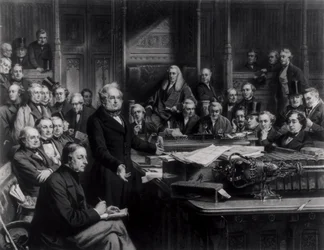 A Câmara dos Comuns em 1860: Lord Palmerston dirigindo-se à Câmara durante o debate sobre o tratado com a França, gravado por Falkner, 1863 (ver também 42219 e 107821)