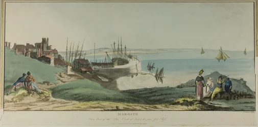 Margate, vista externa do píer, costa de Kent e de Fort Cliffs