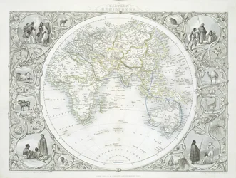 Hemisfério Oriental, de uma série de mapas mundiais publicada por John Tallis und Co., Nova York e Londres, década de 1850