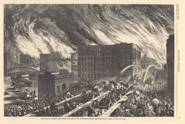 Chicago em chamas - a corrida pela vida sobre a Randolph Street Bridge, ilustração da Harpers Weekly, 1871