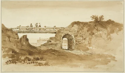 Ponte temporária na Estrada da Coroação em frente à New Gaol, c.1821 (lavagem a lápis e sépia sobre papel)