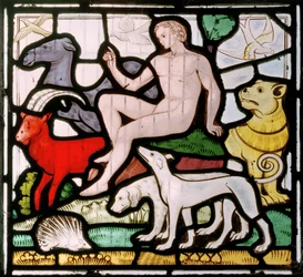 Daylesford, St Peter, Clayton e Bell, John Richard Clayton (1827-1913), Adam entre os animais, janela de criação, c.1860