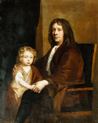 Retrato de Thomas Rowe e seu filho, sentado a três quartos, o antigo em um vestido marrom, o último em um vestido e envoltório marrom,
